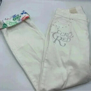 ECKO RED Denim Junior 5 Floral Cuffs White Bling On Pockets Y2K Jeans Women’s